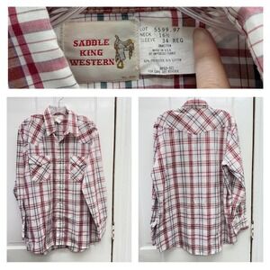 Vintage Saddle King Western Pearl Snap Shirt Mens 16.5 XL Red Plaid Made‎ in USA